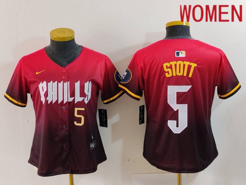 Women Philadelphia Phillies 5 Stott Red City Edition 2024 Nike MLB Jersey style 3